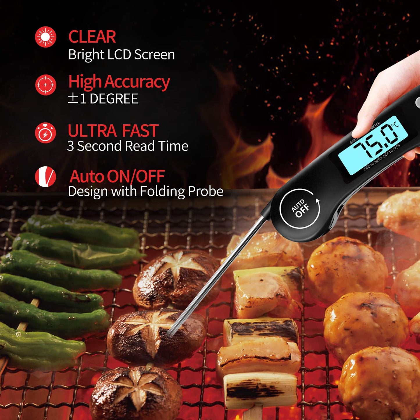 DOQAUS Grill Thermometer - Foldable Long Probe