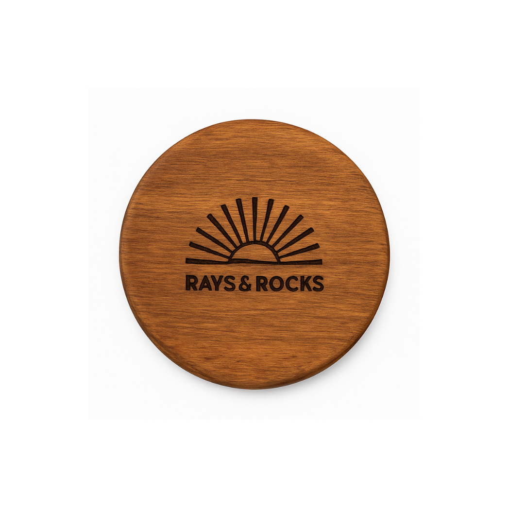 Wooden coaster with Rays & Rocks logo