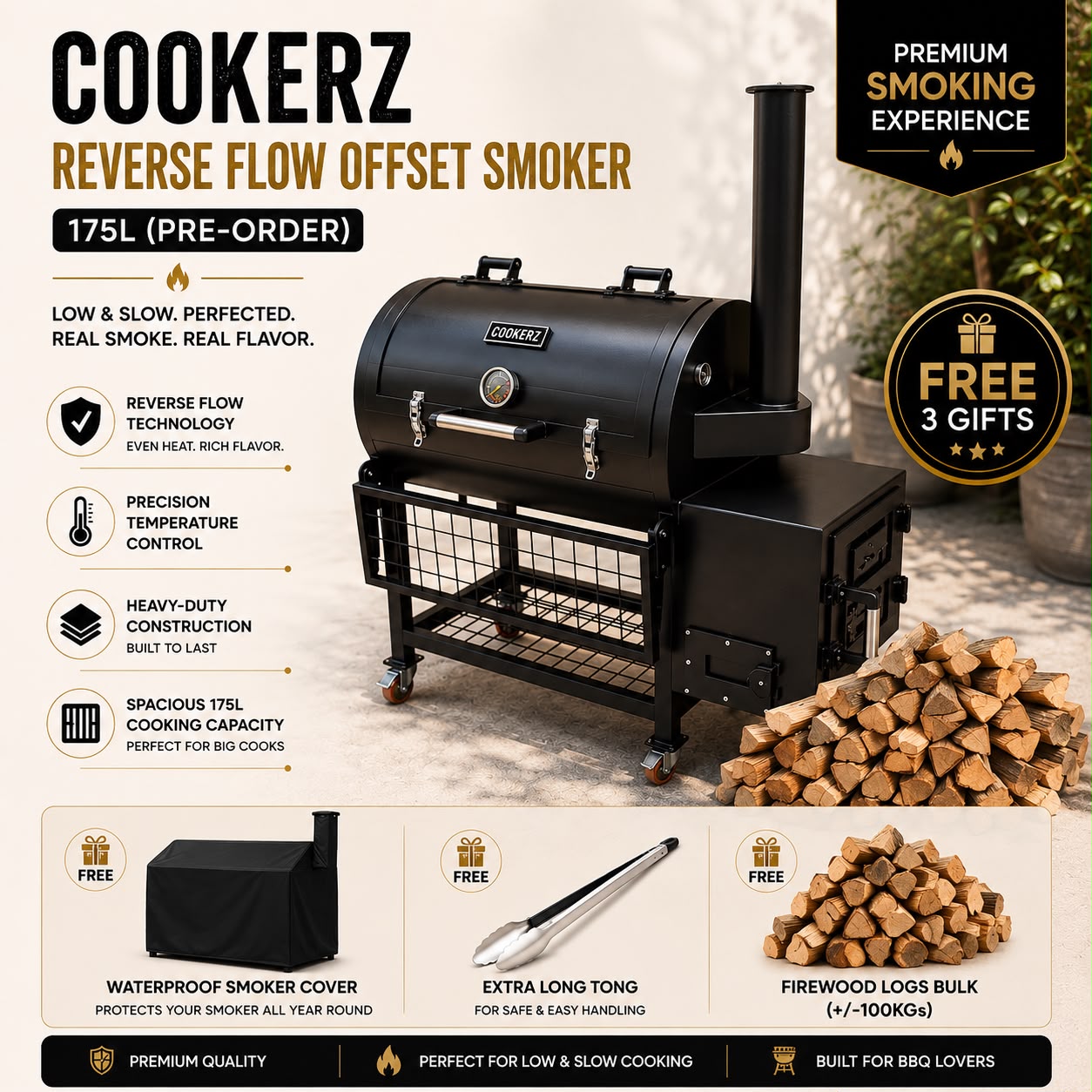 COOKERZ -Reverse Flow Offset Smoker-175L (Pre-Order)