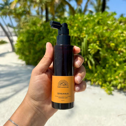 Go places and sun tan with Rays & Rocks Tanning oil 