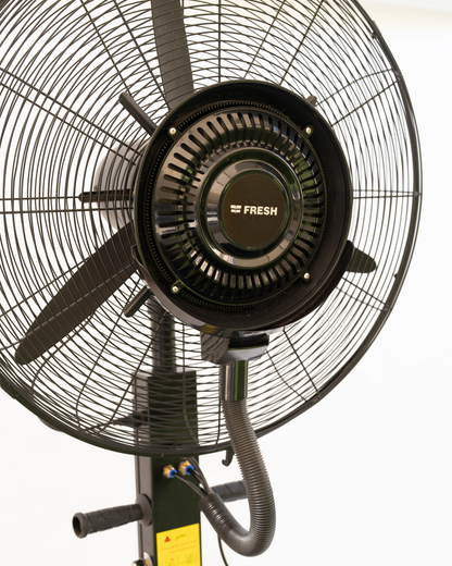 Black outdoor fan with visible brand name on a white background