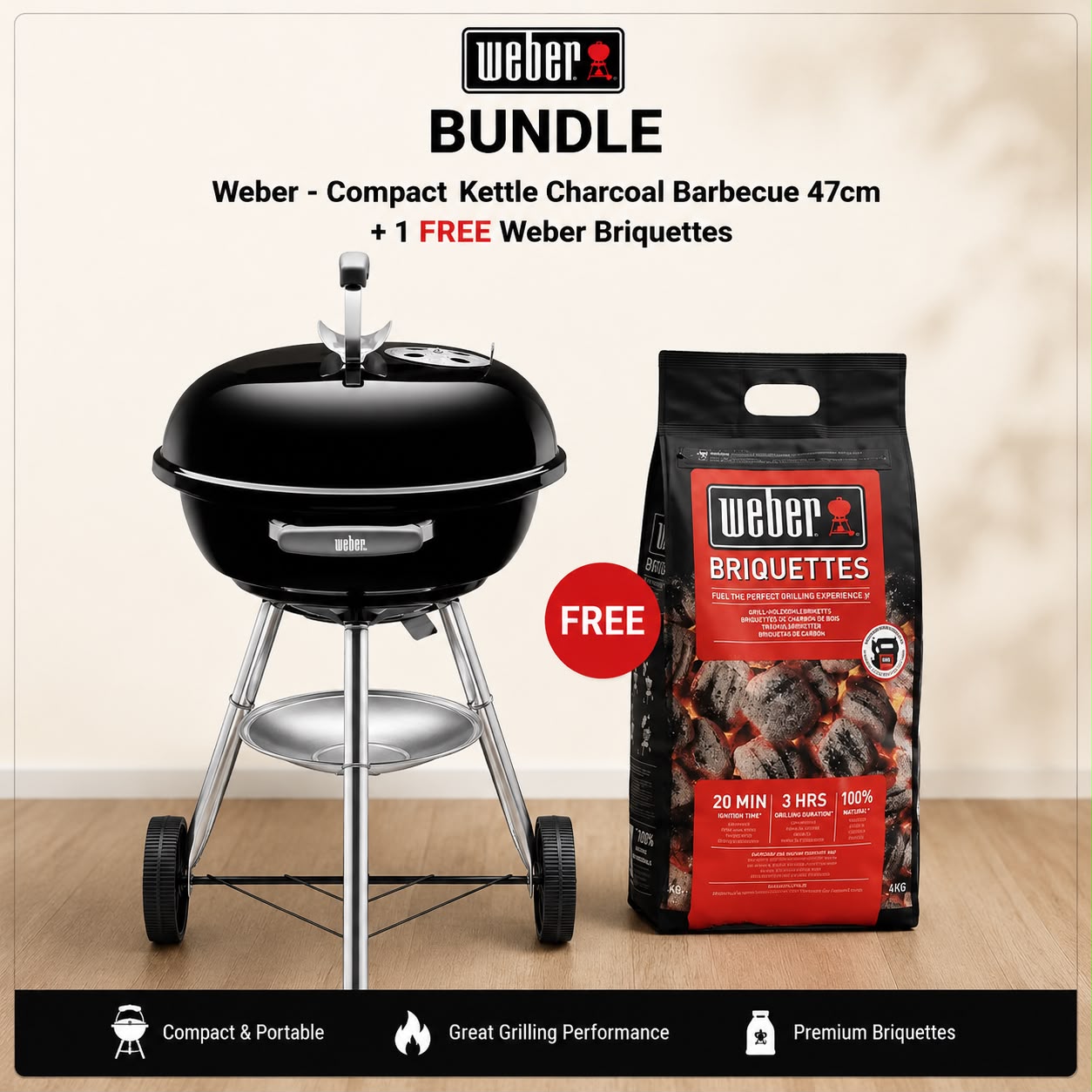 Weber - Compact Kettle Charcoal Barbecue 47cm + 1 FREE Weber Briquettes