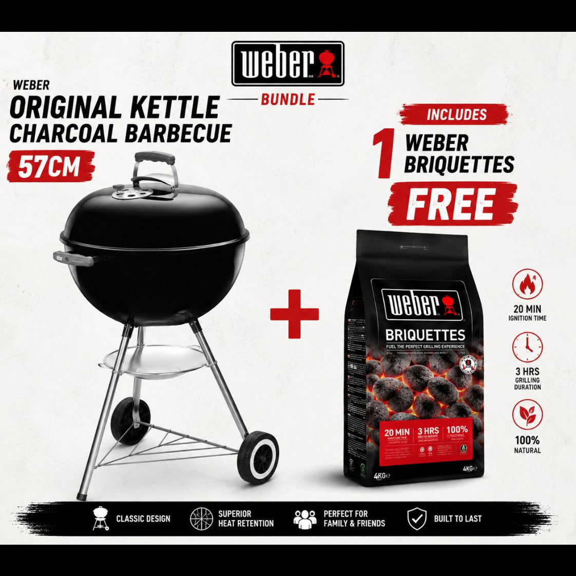Weber Original Kettle Charcoal Barbecue 57cm + 1 FREE Weber Briquettes