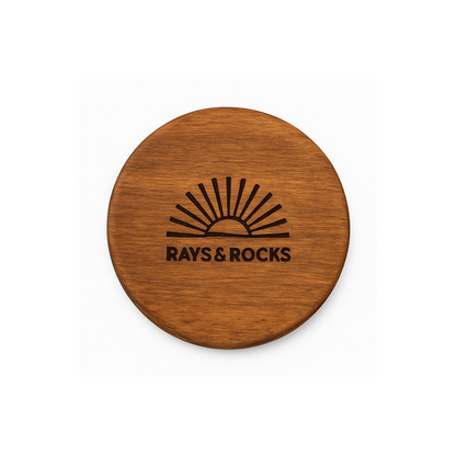 Wooden coaster with Rays & Rocks logo